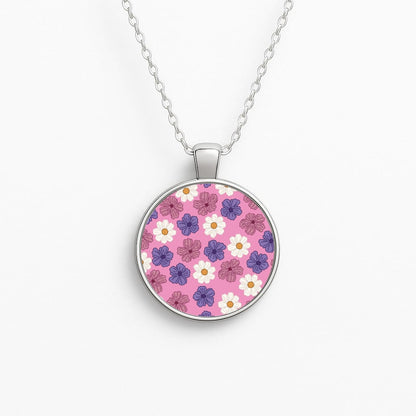 Pink, Purple And White Flowers - Floral Patterns Circle Necklace
