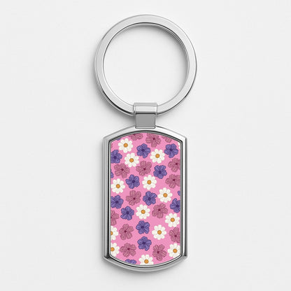 Pink, Purple And White Flowers - Floral Patterns Silver Keyring