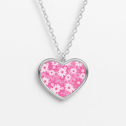 Pink Flowers - Floral Patterns Heart Necklace