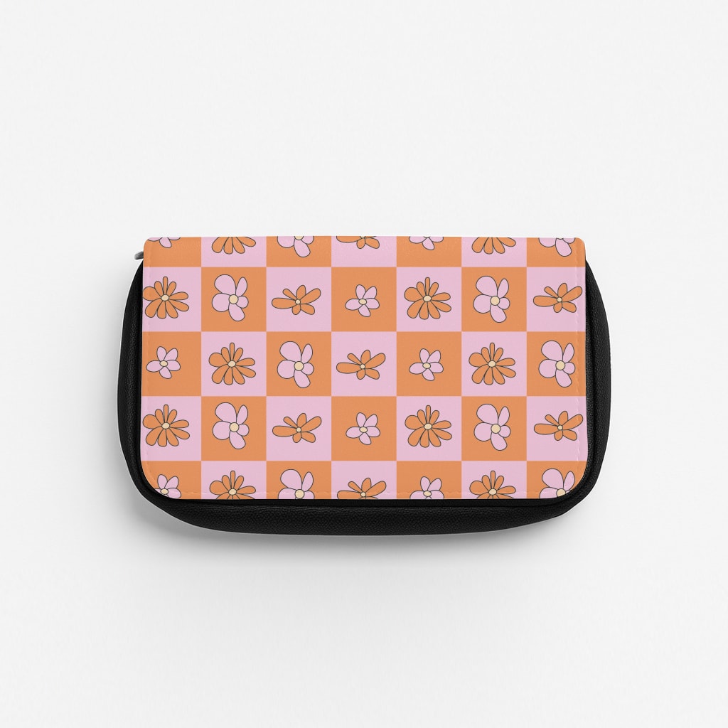 Orange And Pink Checked - Floral Patterns Pencil Case