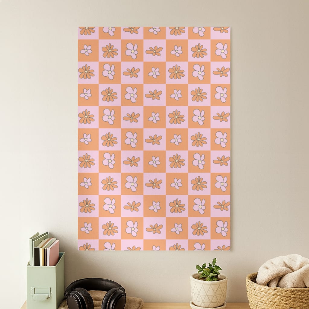 Orange And Pink Checked - Floral Patterns Poster