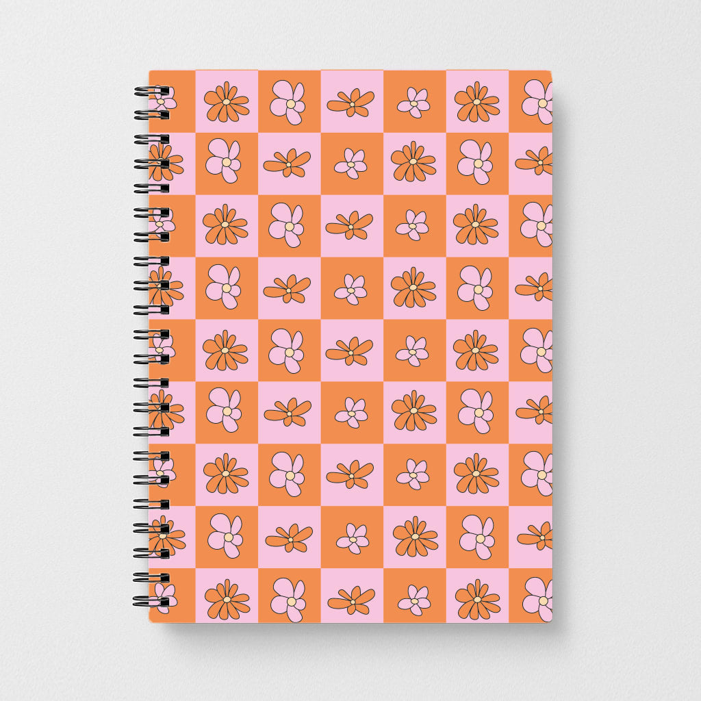 Orange And Pink Checked - Floral Patterns Notebook