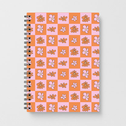 Orange And Pink Checked - Floral Patterns Notebook