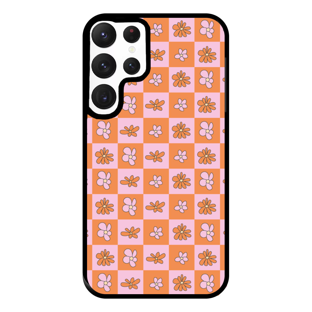 Orange And Pink Checked - Floral Patterns Phone Case for Galaxy S22 Ultra