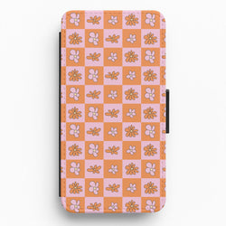 Orange And Pink Checked - Floral Patterns Flip / Wallet Phone Case