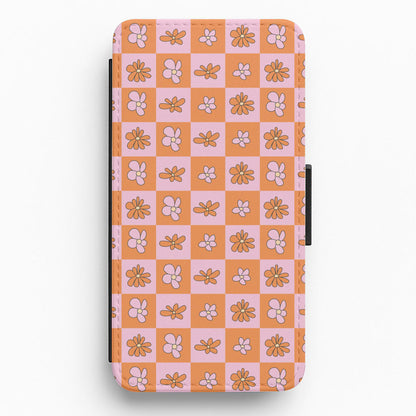 Orange And Pink Checked - Floral Patterns Flip / Wallet Phone Case
