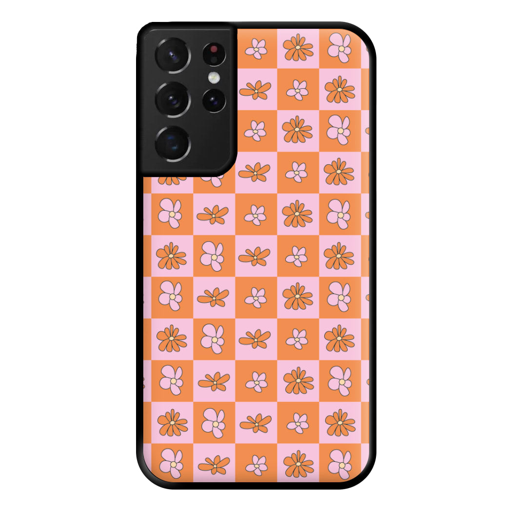 Orange And Pink Checked - Floral Patterns Phone Case for Galaxy S21 Ultra