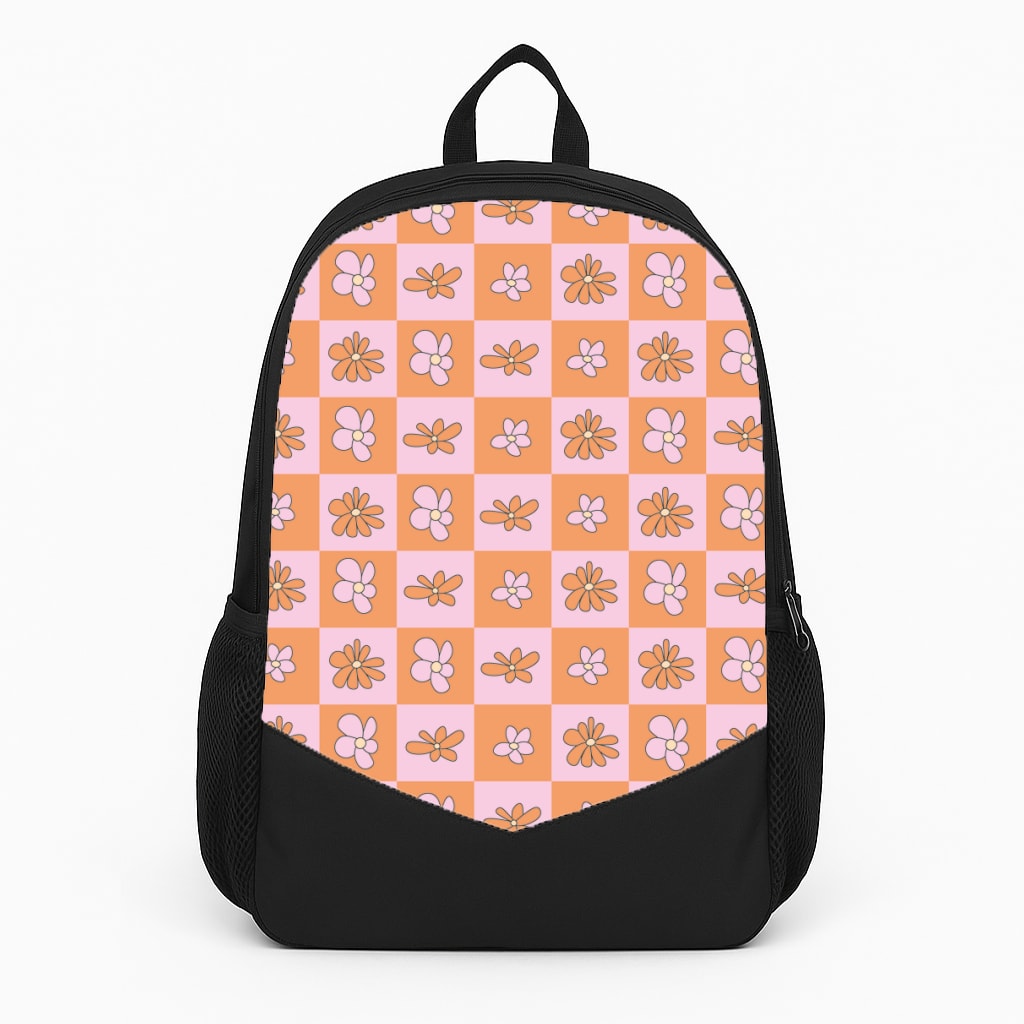 Orange And Pink Checked - Floral Patterns Large Backpack