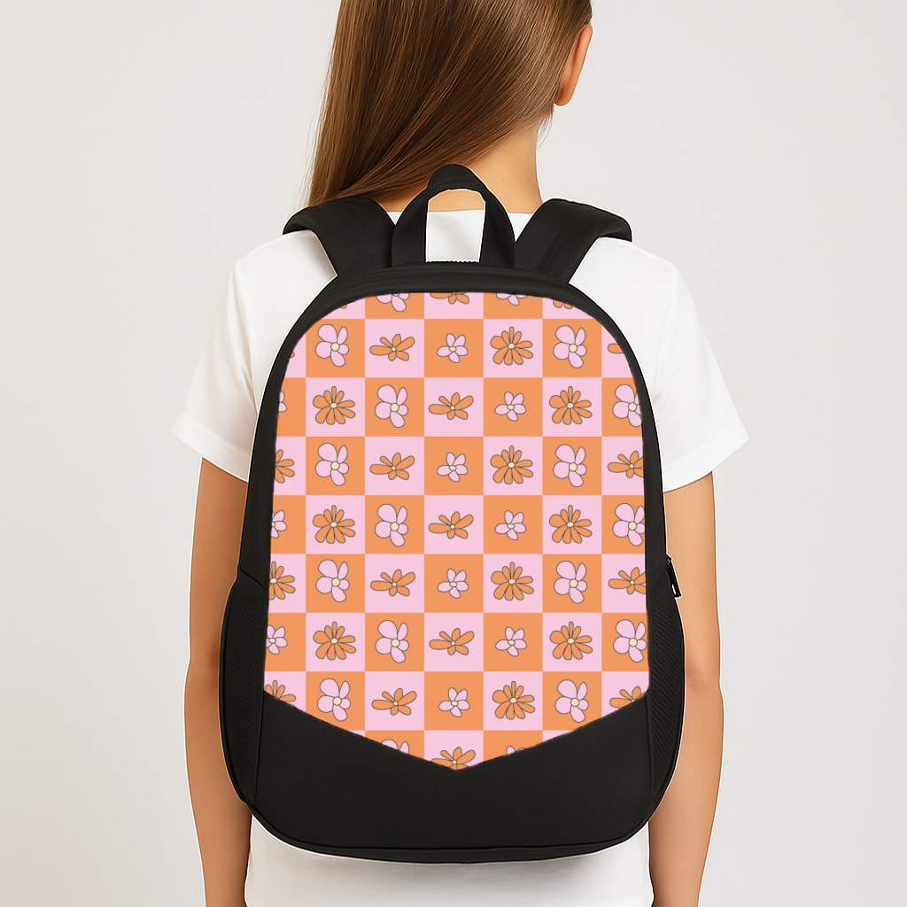 Orange And Pink Checked - Floral Patterns Large School Bag