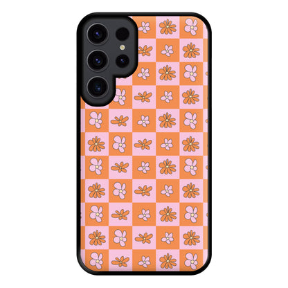 Orange And Pink Checked - Floral Patterns Phone Case for Galaxy S23 Ultra