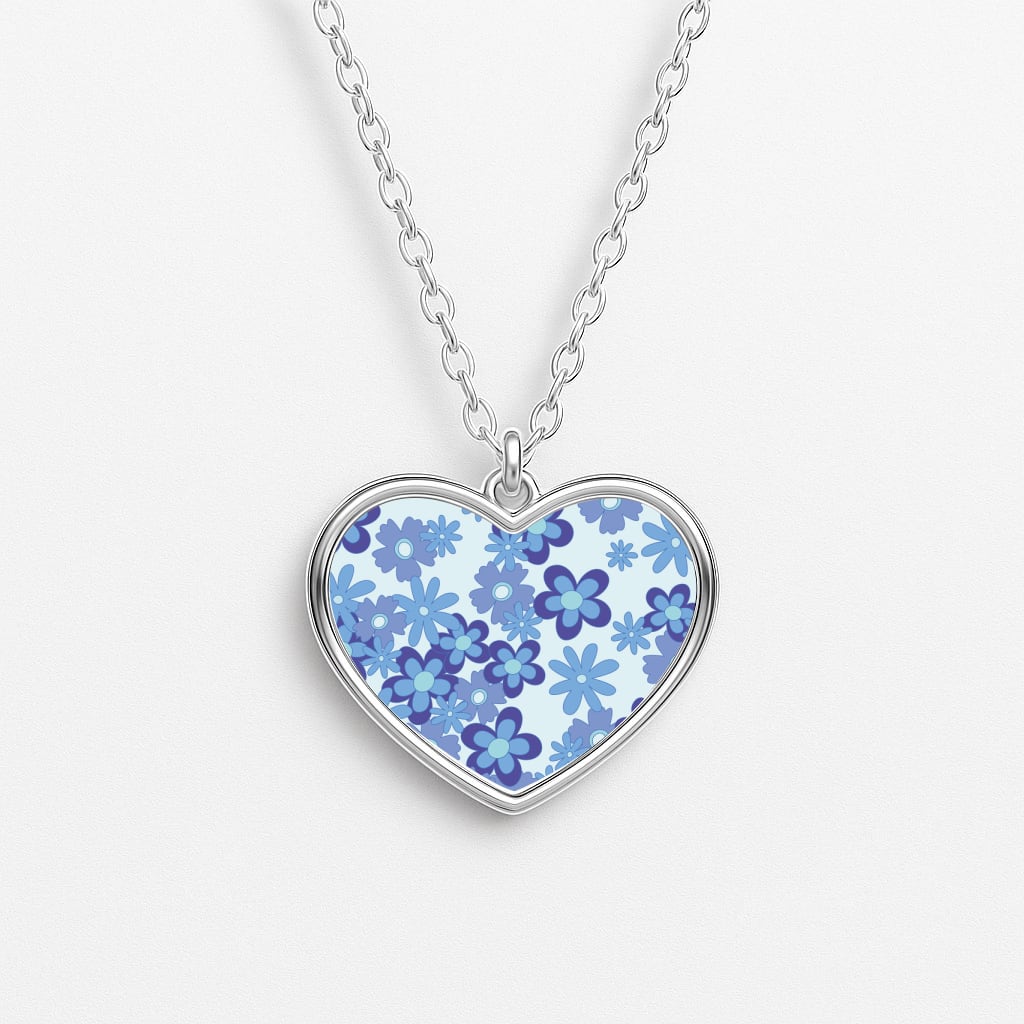 Blue Flowers - Floral Patterns Heart Necklace