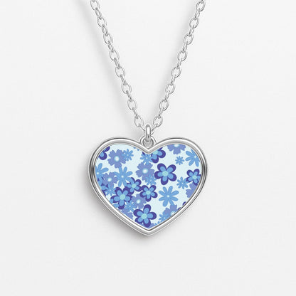 Blue Flowers - Floral Patterns Heart Necklace