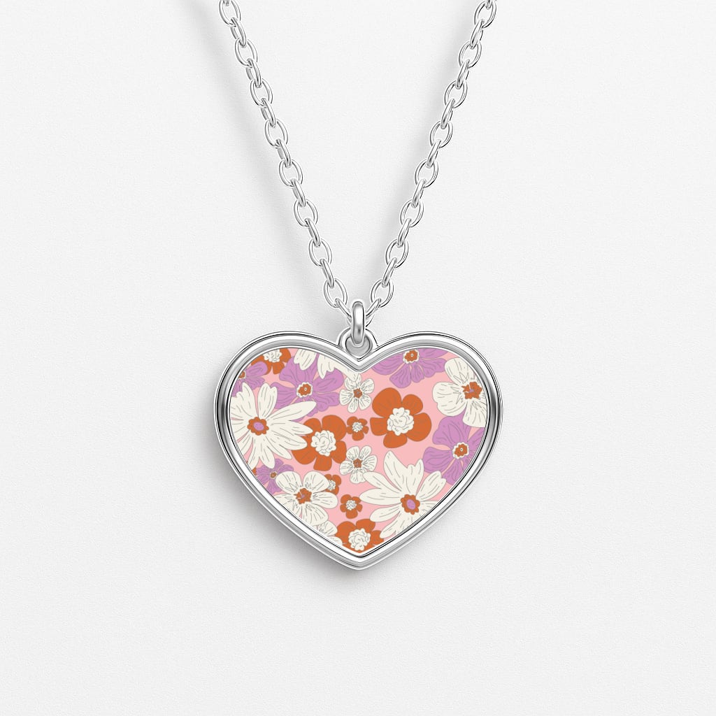 Retro Flowers - Floral Patterns Heart Necklace