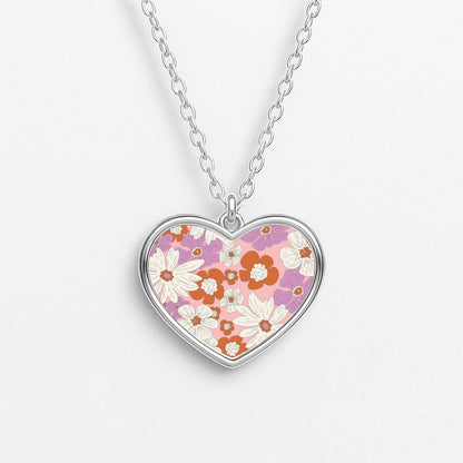 Retro Flowers - Floral Patterns Heart Necklace