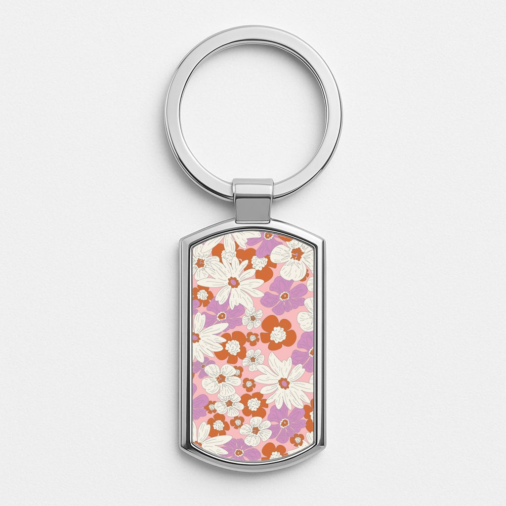 Retro Flowers - Floral Patterns Silver Keyring