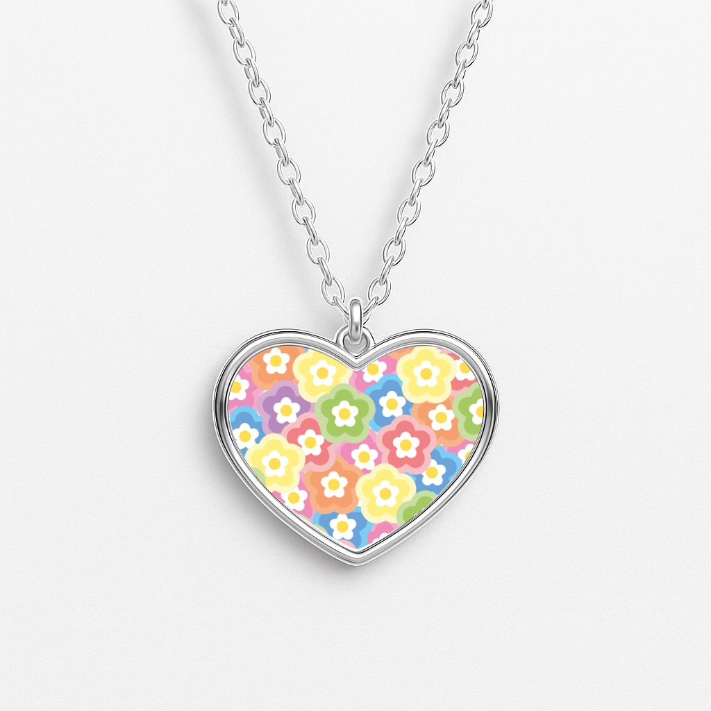 Psychedelic Flowers - Floral Patterns Heart Necklace