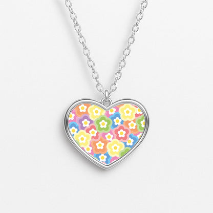 Psychedelic Flowers - Floral Patterns Heart Necklace
