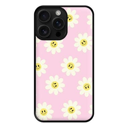 Pastel Pink Smiley Daisies Pattern Phone Case for iPhone 16 Pro Max