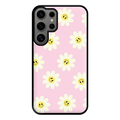 Pastel Pink Smiley Daisies Pattern Phone Case for Galaxy S24 Ultra