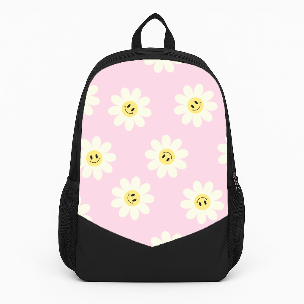 Pastel Pink Smiley Daisies Pattern Large Backpack