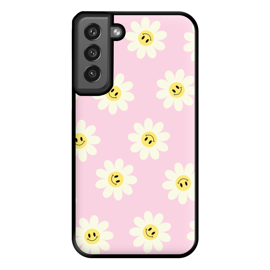 Pastel Pink Smiley Daisies Pattern Phone Case for Galaxy S21FE