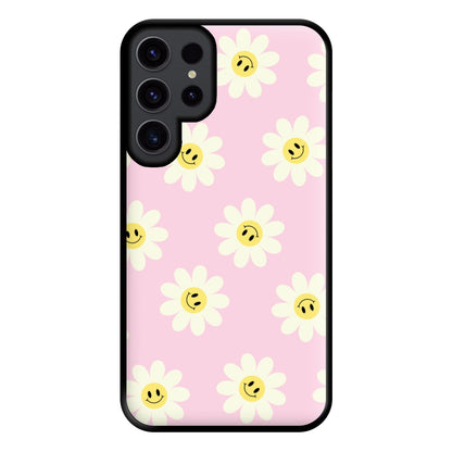 Pastel Pink Smiley Daisies Pattern Phone Case for Galaxy S23 Ultra