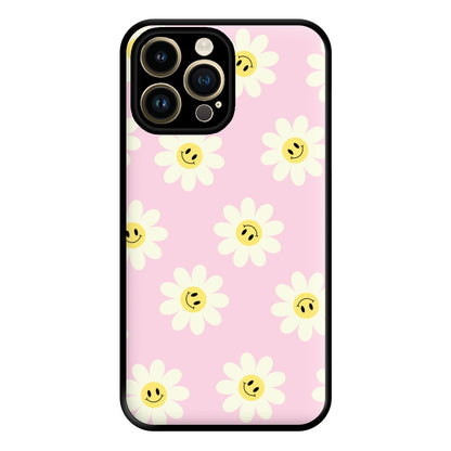 Pastel Pink Smiley Daisies Pattern Phone Case for iPhone 14 Pro Max