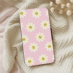 Pastel Pink Smiley Daisies Pattern Wallet Phone Case