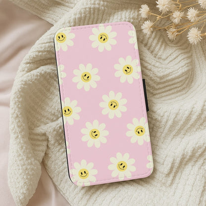 Pastel Pink Smiley Daisies Pattern Wallet Phone Case