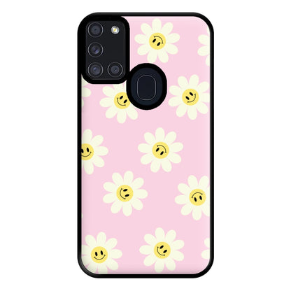 Pastel Pink Smiley Daisies Pattern Phone Case for Galaxy A21s