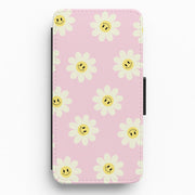 Pastel Pink Smiley Daisies Pattern Flip / Wallet Phone Case 1