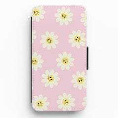 Pastel Pink Smiley Daisies Pattern Flip / Wallet Phone Case