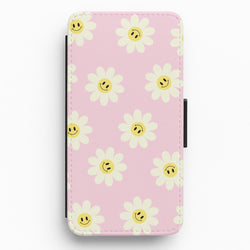 Pastel Pink Smiley Daisies Pattern Flip / Wallet Phone Case