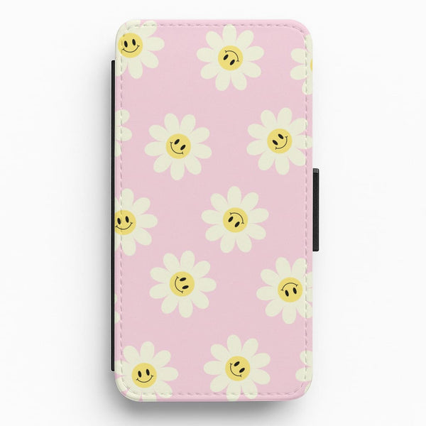 Pastel Pink Smiley Daisies Pattern Flip / Wallet Phone Case