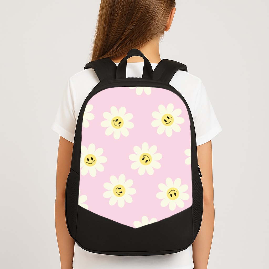 Pastel Pink Smiley Daisies Pattern Large School Bag