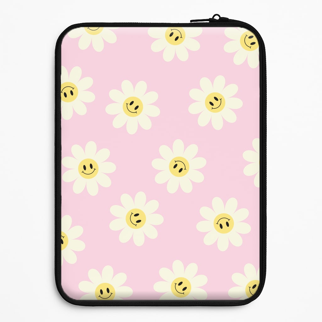 Pastel Pink Smiley Daisies Pattern Laptop Sleeve