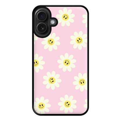 Pastel Pink Smiley Daisies Pattern Phone Case for iPhone 16 Plus