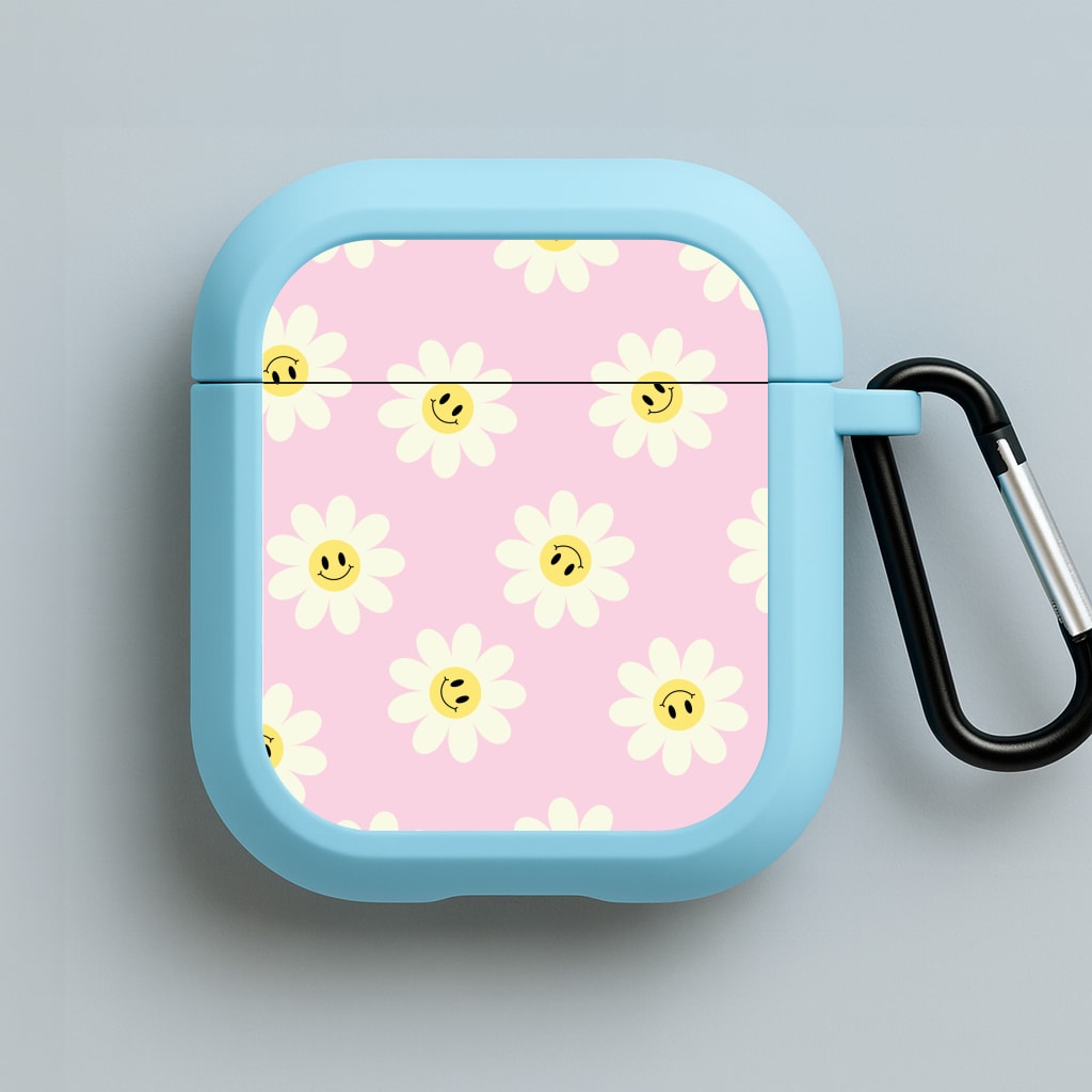 Pastel Pink Smiley Daisies Pattern Blue AirPods Case