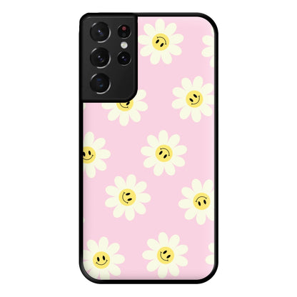 Pastel Pink Smiley Daisies Pattern Phone Case for Galaxy S21 Ultra