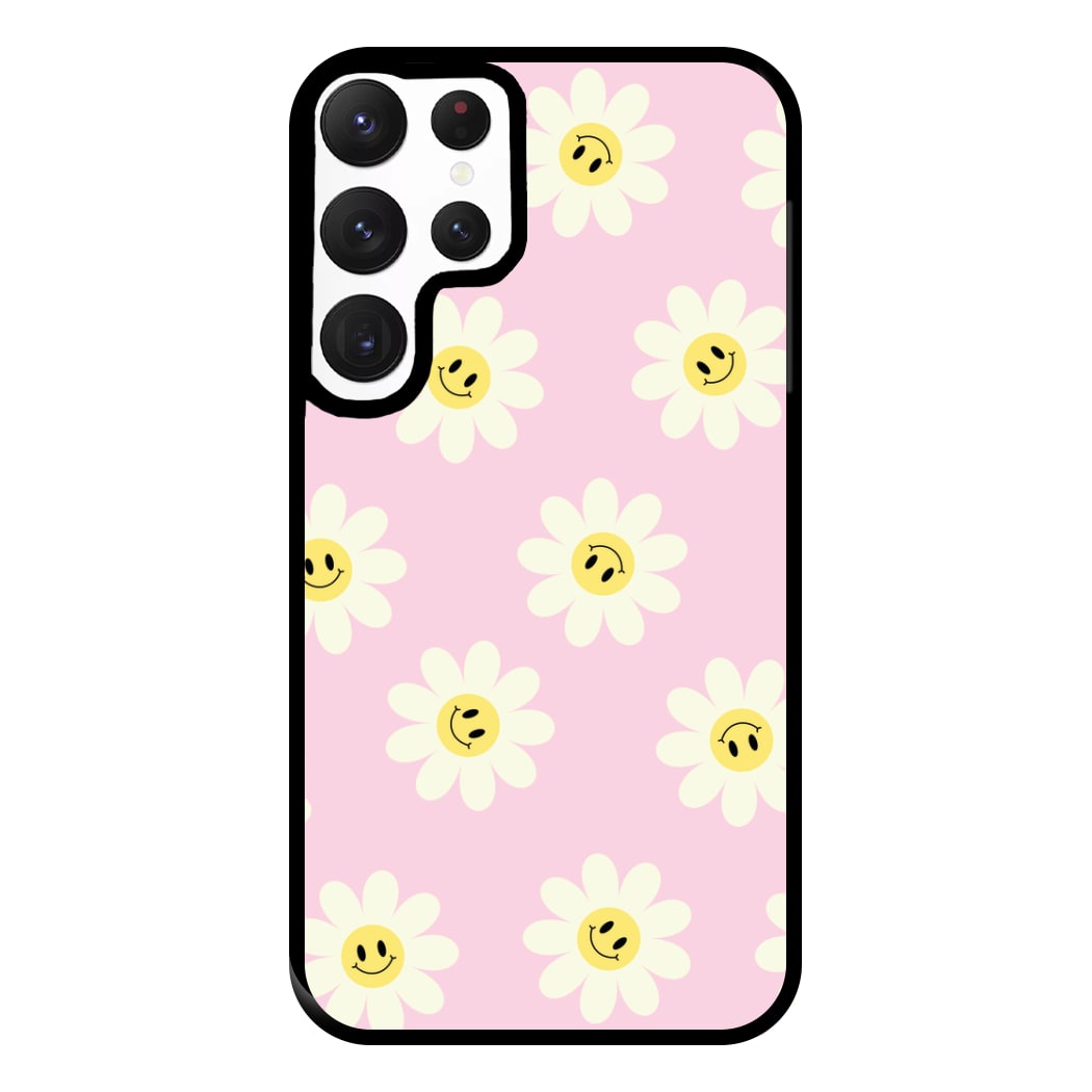 Pastel Pink Smiley Daisies Pattern Phone Case for Galaxy S22 Ultra
