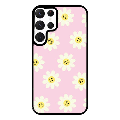 Pastel Pink Smiley Daisies Pattern Phone Case for Galaxy S22 Ultra