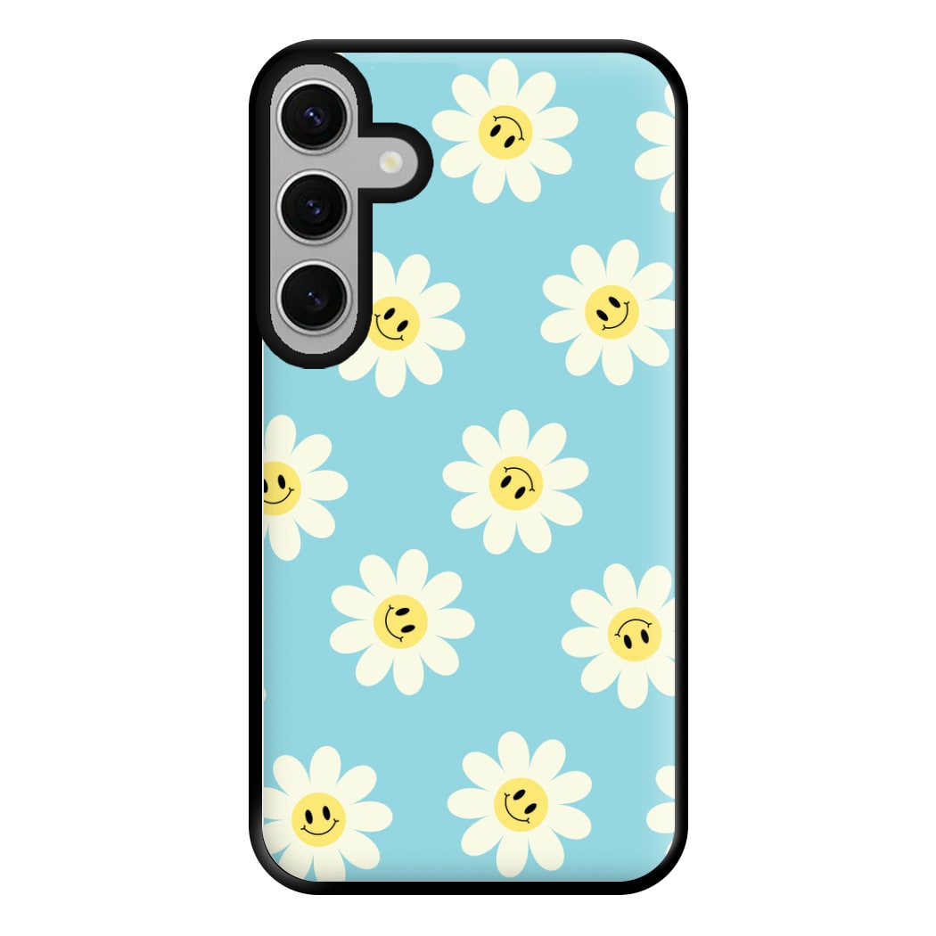 Pastel Blue Smiley Daisies Pattern Phone Case for Galaxy S24FE