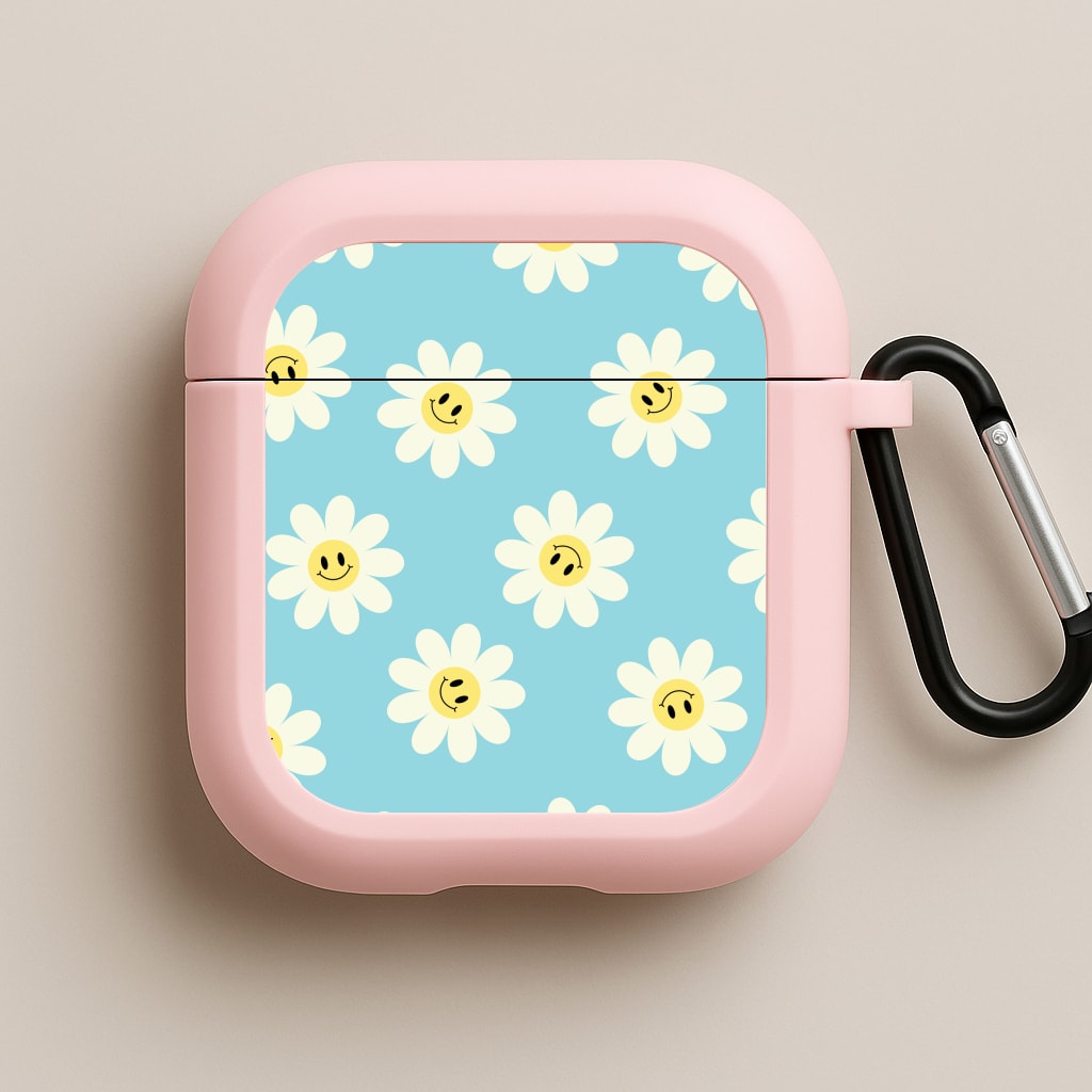 Pastel Blue Smiley Daisies Pattern Pink AirPods Case