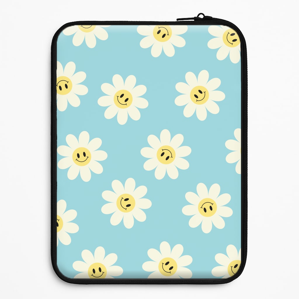 Pastel Blue Smiley Daisies Pattern Laptop Sleeve
