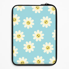 Pastel Blue Smiley Daisies Pattern Laptop Sleeve