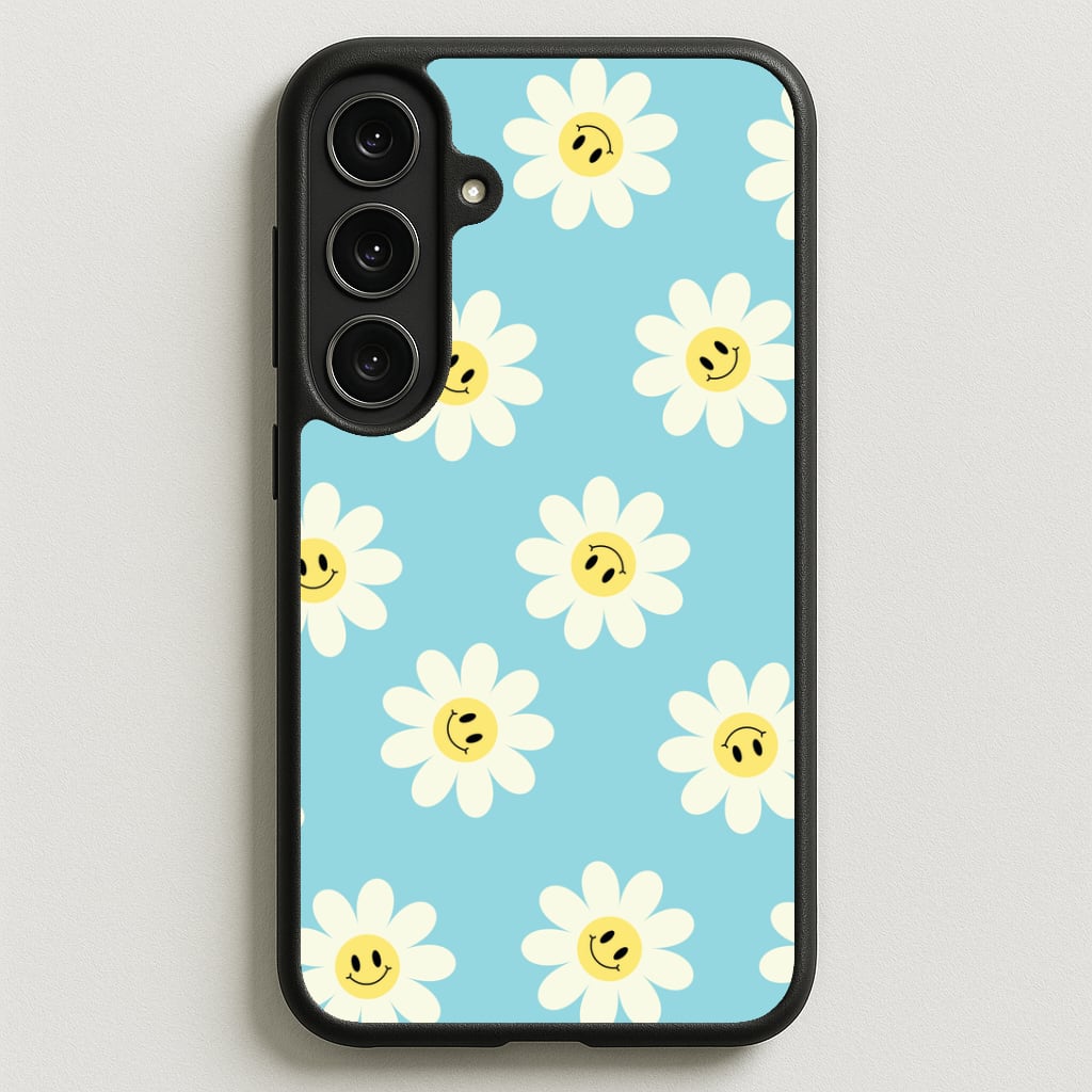 Pastel Blue Smiley Daisies Pattern Phone Case for Galaxy S25FE
