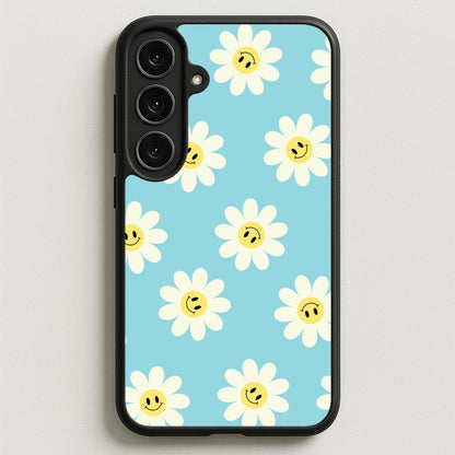 Pastel Blue Smiley Daisies Pattern Phone Case for Galaxy S25FE