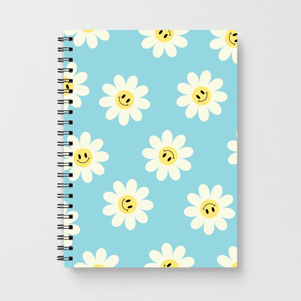 Pastel Blue Smiley Daisies Pattern Notebook