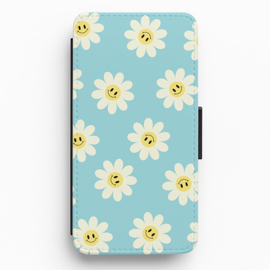 Pastel Blue Smiley Daisies Pattern Flip / Wallet Phone Case
