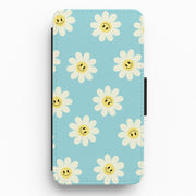 Pastel Blue Smiley Daisies Pattern Flip / Wallet Phone Case 1